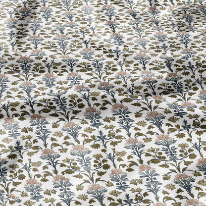 100% LINEN Fabric block print - linen fabric with blue red khaki white floral print - heavy linen fabric for upholstery home decor