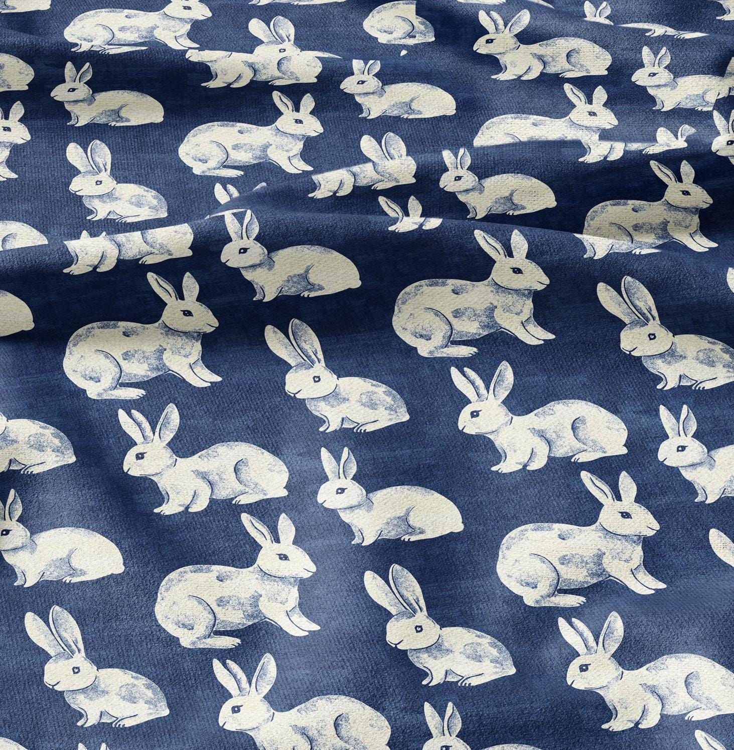 100% LINEN Fabric Rabbit indigo blue  print - bunny linen fabric with blue coastal print for upholstery home decor