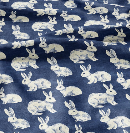 100% LINEN Fabric Rabbit indigo blue  print - bunny linen fabric with blue coastal print for upholstery home decor