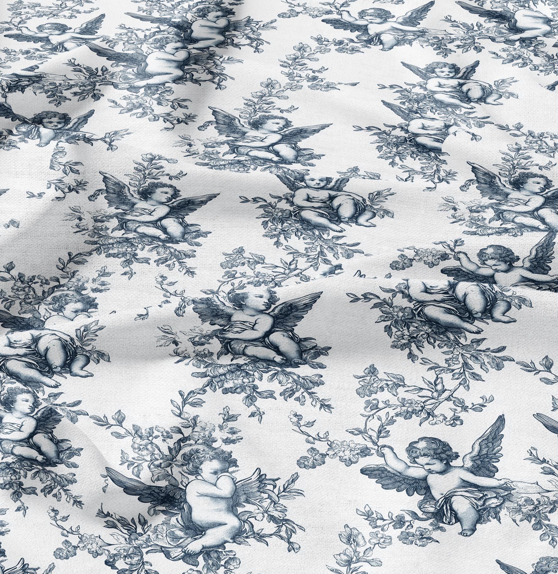 100% LINEN Fabric block print Cherub - oatmeal natur linen fabric with Angel print - heavy linen fabric for upholstery home decor