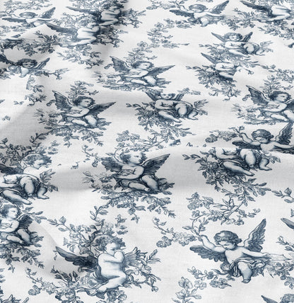 100% LINEN Fabric block print Cherub - oatmeal natur linen fabric with Angel print - heavy linen fabric for upholstery home decor