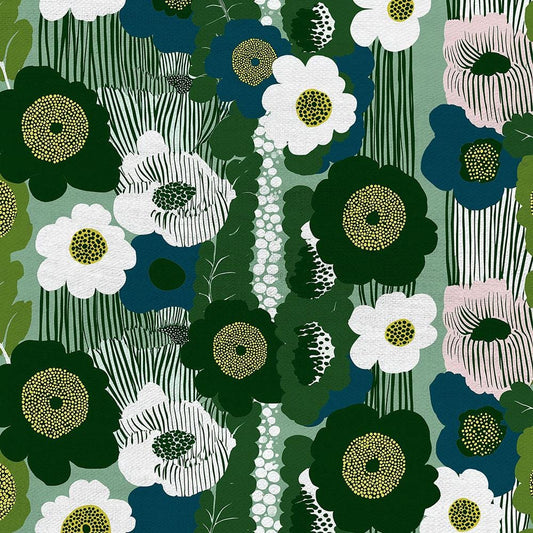 100% LINEN Fabric finnish Kylmänkukka green white abstract print - modern vintage floral linen fabric for upholstery or home decor 2875