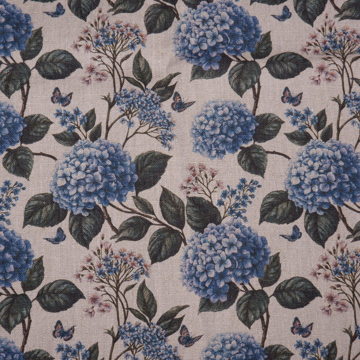 100% LINEN Fabric print Blue Hydrangea -  floral botanical print - heavy for upholstery home decor clothing 3726