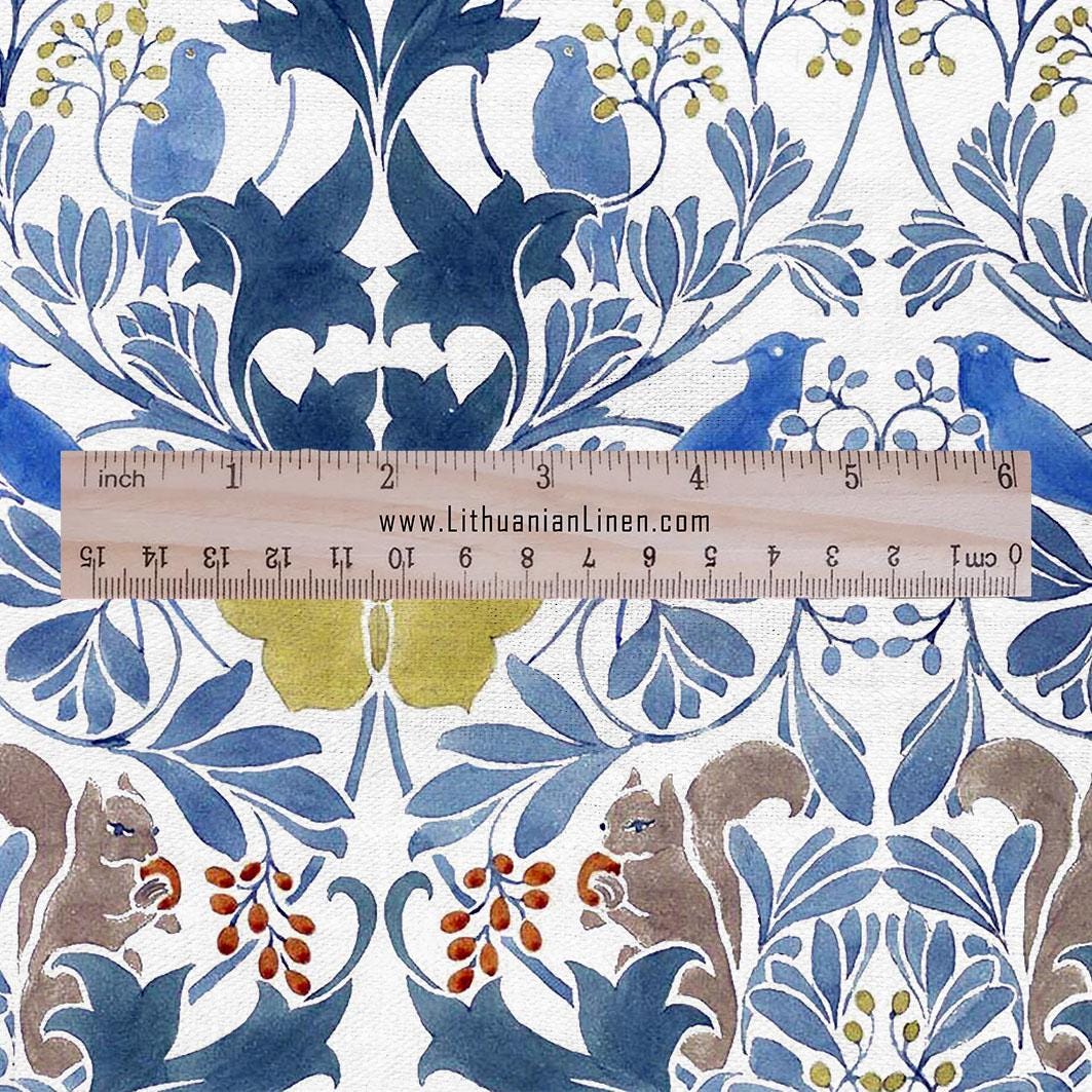 100% linen fabric - Squrirrel Butterfly in floral field by Voysey - Victorian Art crafts - Historical pattern home decor dress making 3004