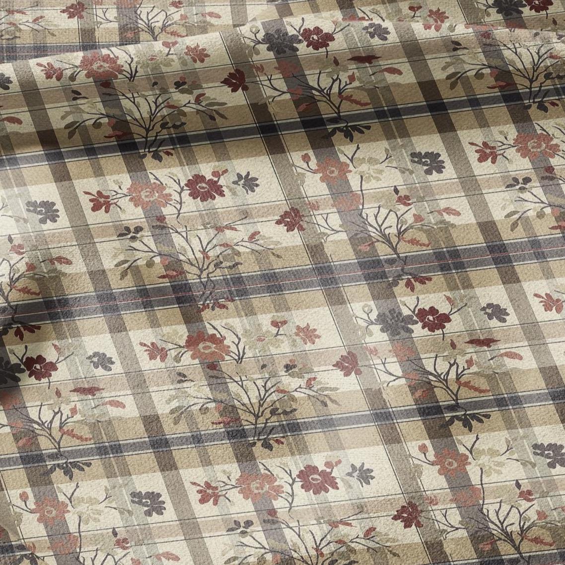 100% LINEN Fabric block print Gingham floral - brown floral linen heavy for upholstery home decor - medium for dress making 2911