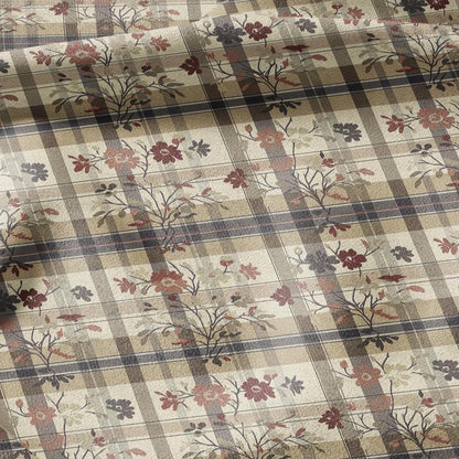 100% LINEN Fabric block print Gingham floral - brown floral linen heavy for upholstery home decor - medium for dress making 2911