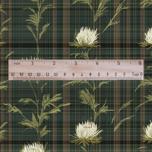 100% LINEN Fabric Gingham blue brown floral print - Modern vintage botanical - heavy linen for upholstery home decor 3033
