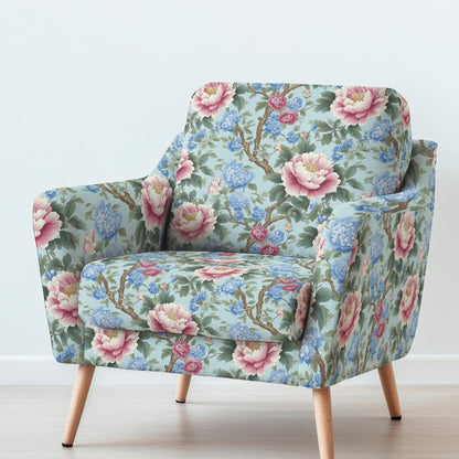 100% LINEN Fabric UPHOLSTERY 12oz - Chinoiserie peony floral print on linen blossom 2282