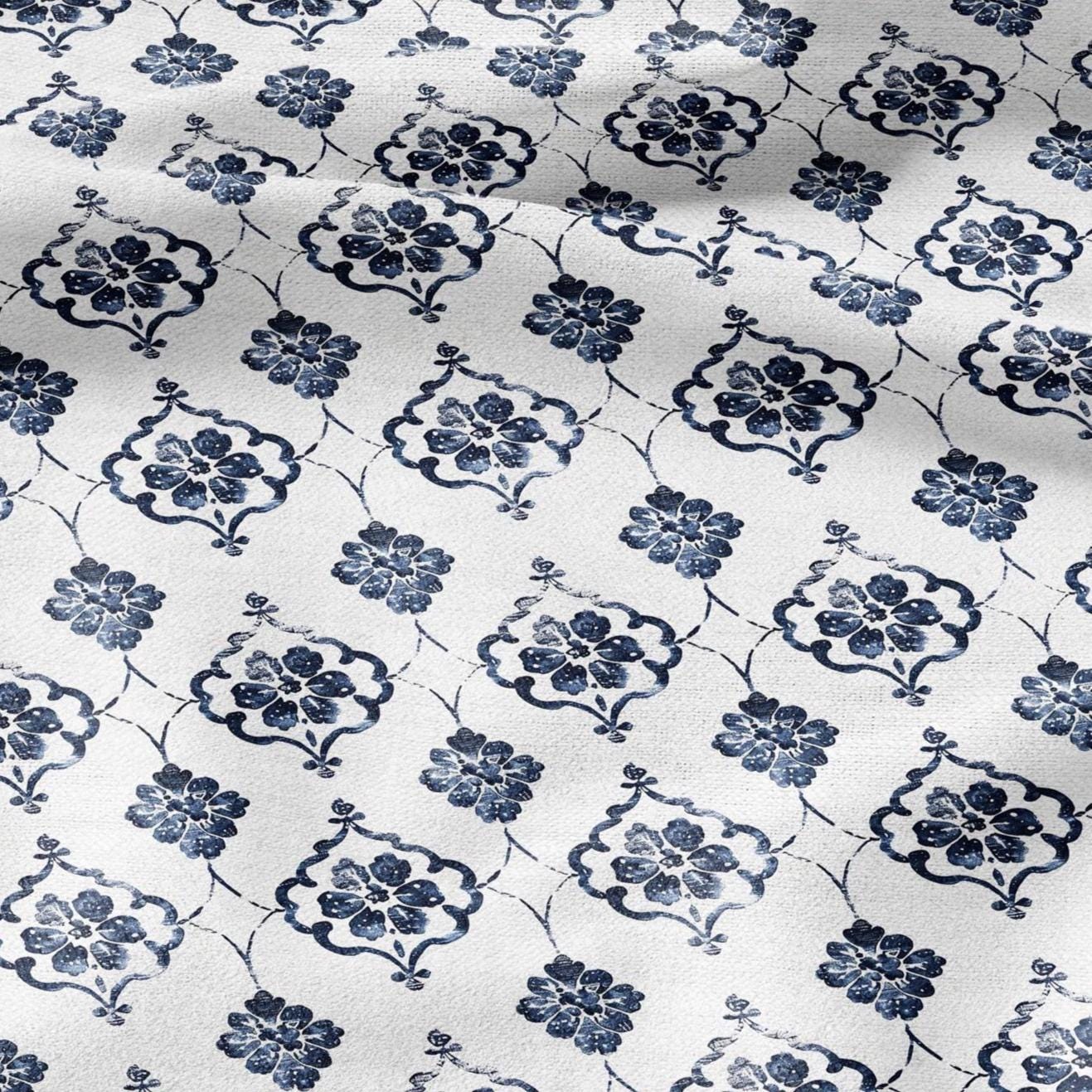 100% LINEN Fabric Greek blue flower print on white linen - Floral print flax fabric for uphlstery heavy / medium for clothing 2574