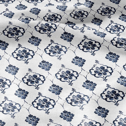 100% LINEN Fabric Greek blue flower print on white linen - Floral print flax fabric for uphlstery heavy / medium for clothing 2574