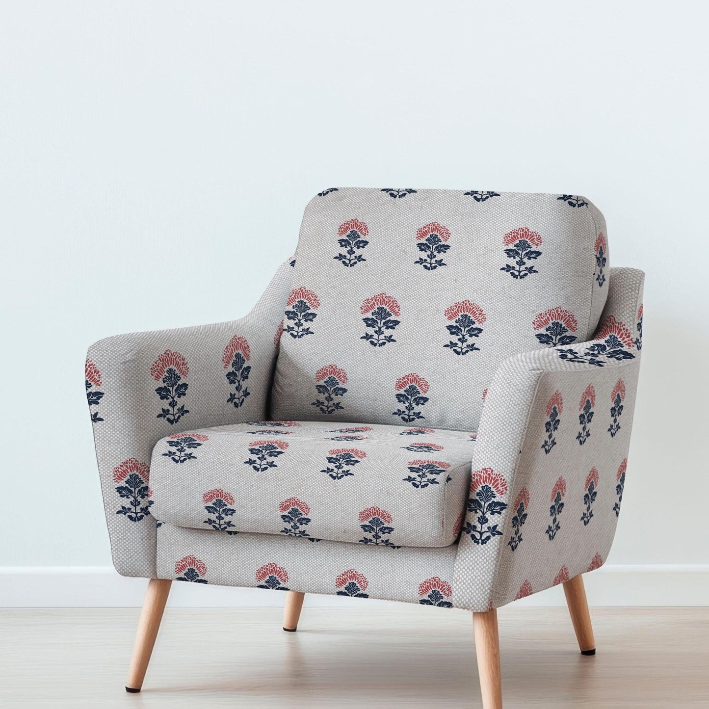 100% LINEN Fabric UPHOLSTERY 12oz - indigo blue red block print on oatmeal linen - Modern vintage Victorian floral indian upholstery 2536