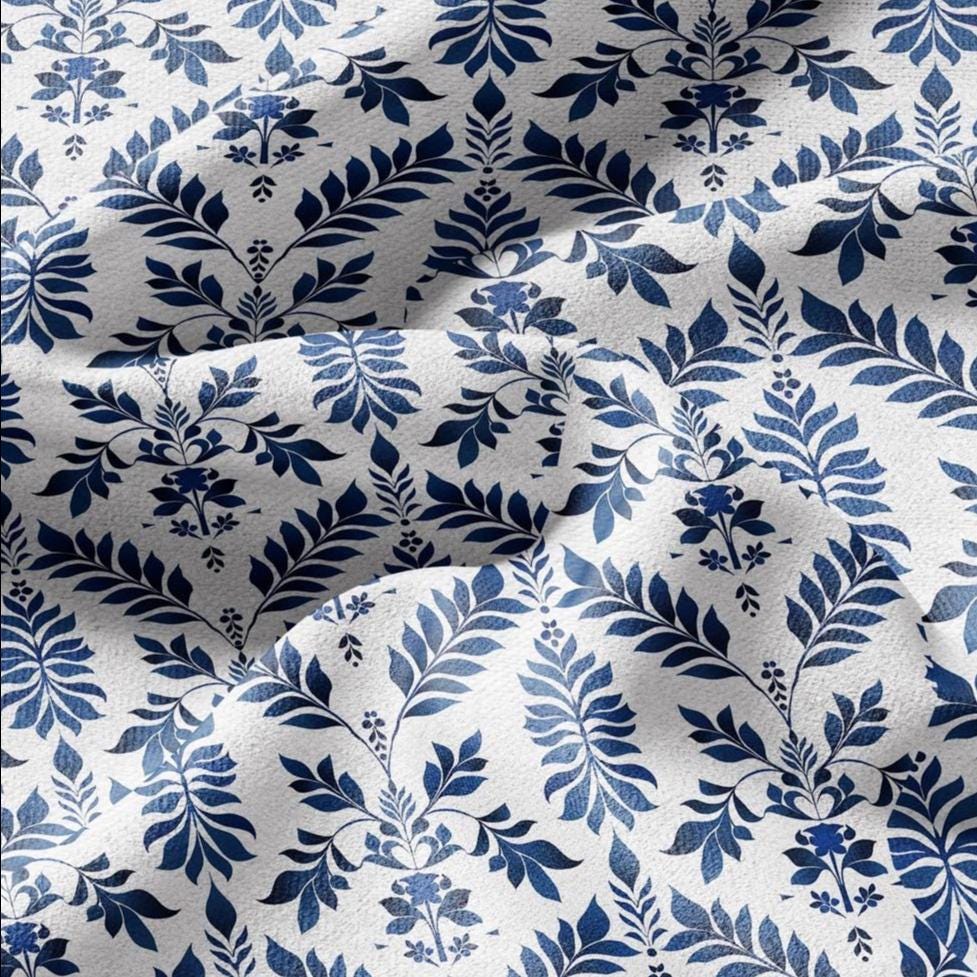100% LINEN Fabric Abstract floral blue white print - botanical upholstery home textile artisan fabric 3138