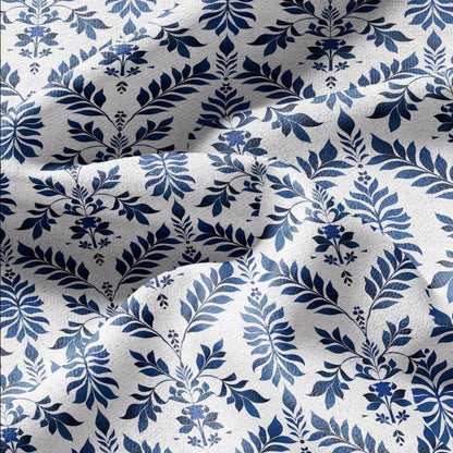 100% LINEN Fabric Abstract floral blue white print - botanical upholstery home textile artisan fabric 3138