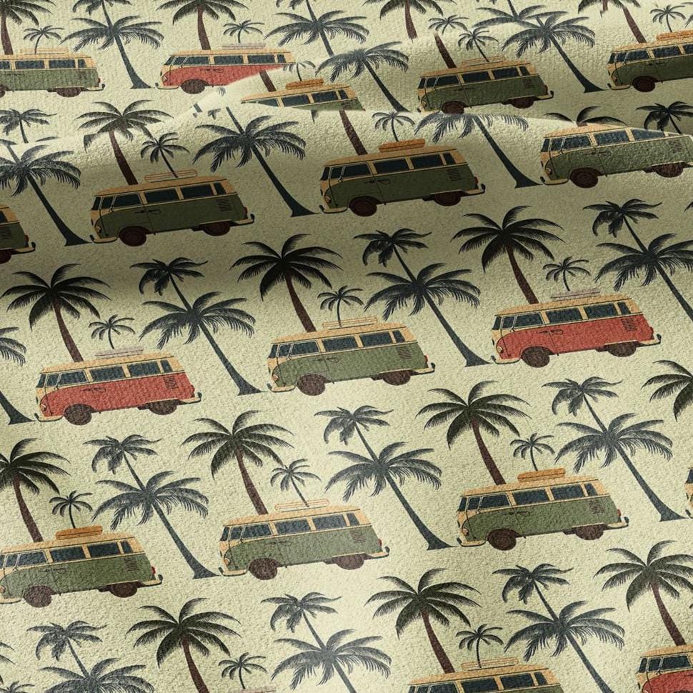 100% linen fabric California Dreaming print - Camper Vans Retro Lifestyle pattern  - Tropical Road Trip Palm tree Summer Vibes 3485