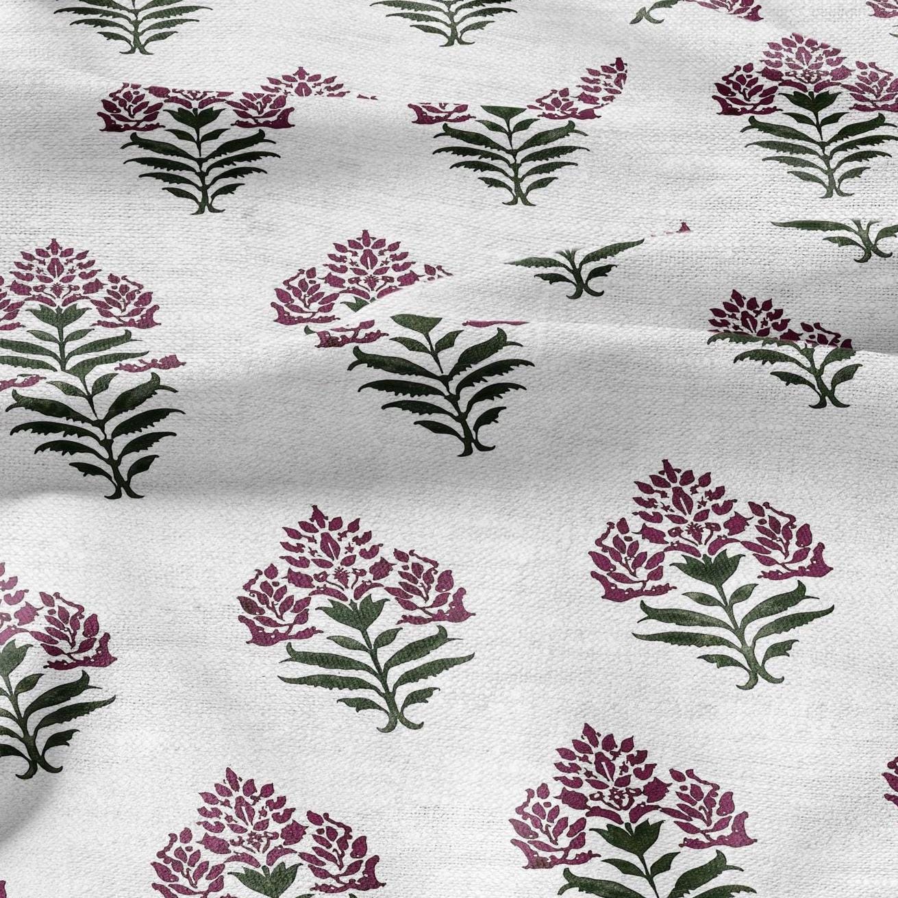 100% LINEN Fabric Block print Parijat flower - botanical upholstery home textile artisan fabrics red green white 2752