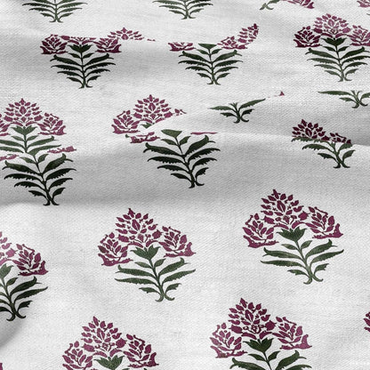 100% LINEN Fabric Block print Parijat flower - botanical upholstery home textile artisan fabrics red green white 2752