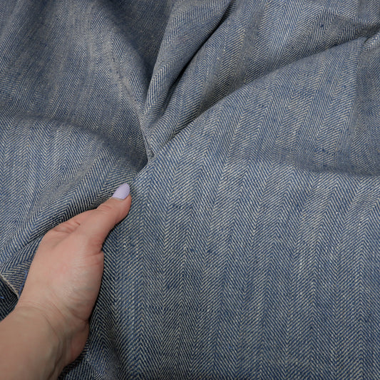 Herringbone - Navy&natural - Heavy linen fabric - T019H