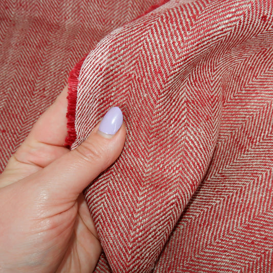 Herringbone - Burgundy&natural - Heavy linen fabric - T018H