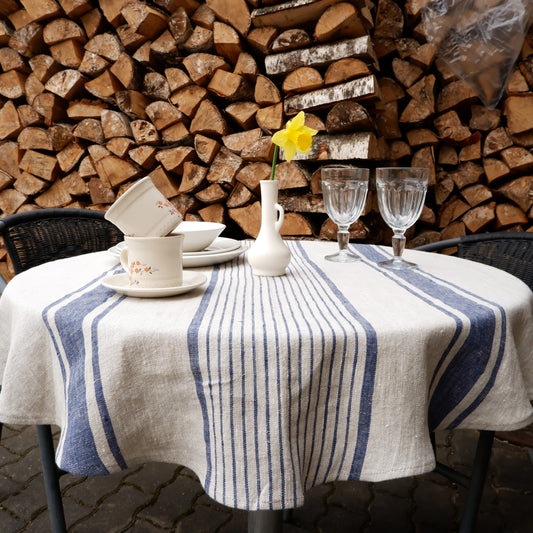 Round linen  tablecloth - Village navy