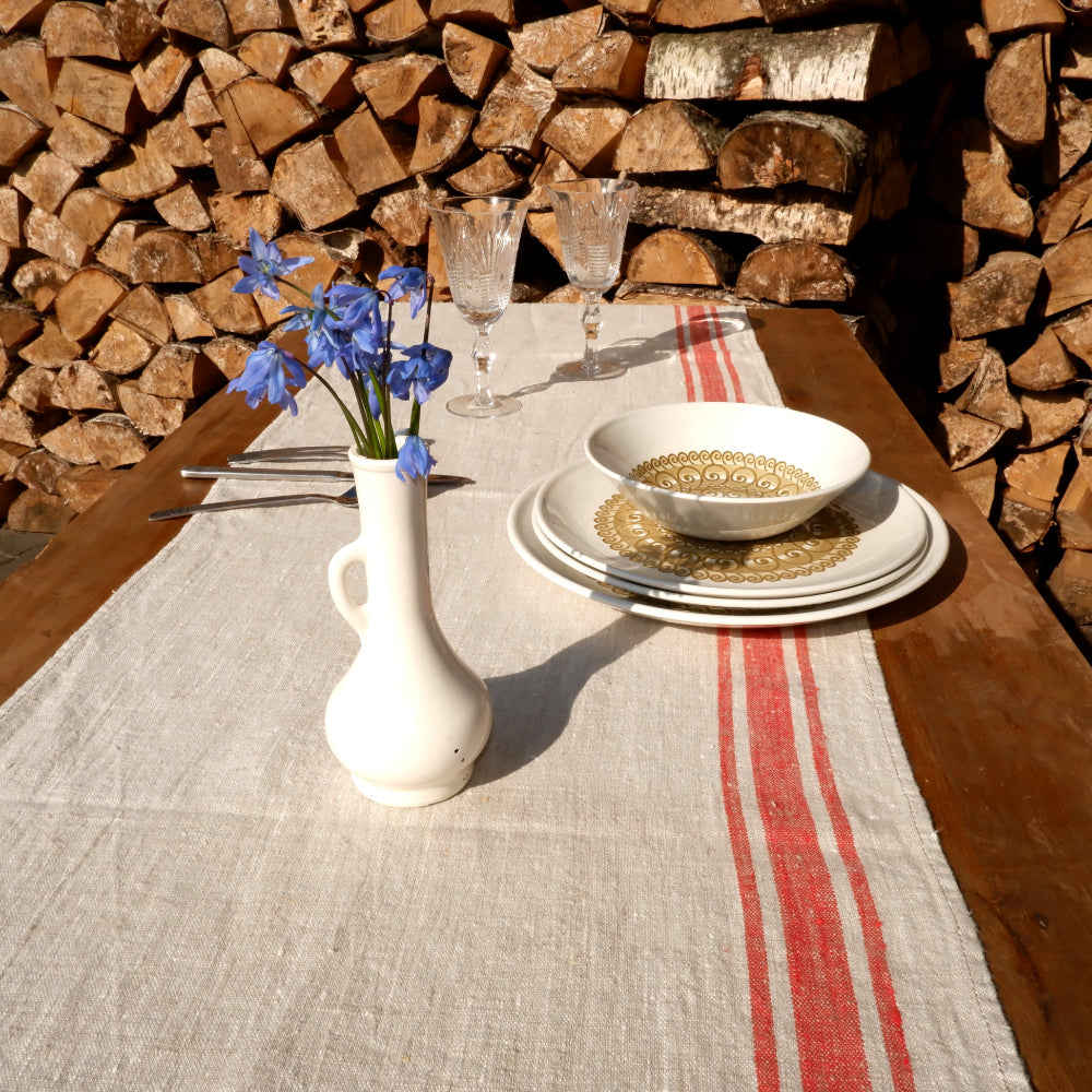 Red stripes  - table runner -  washed