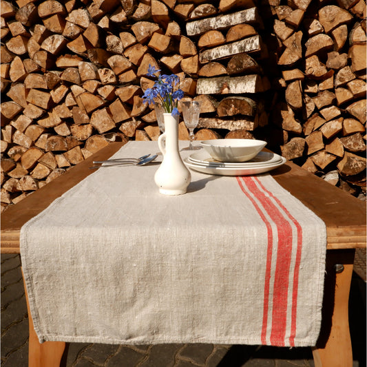 Red stripes  - table runner -  washed