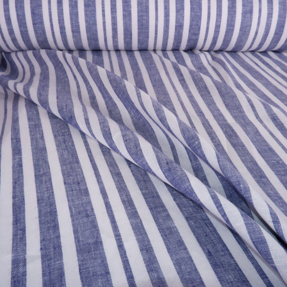 Nautical - blue and white stripes - linen fabric - T021M