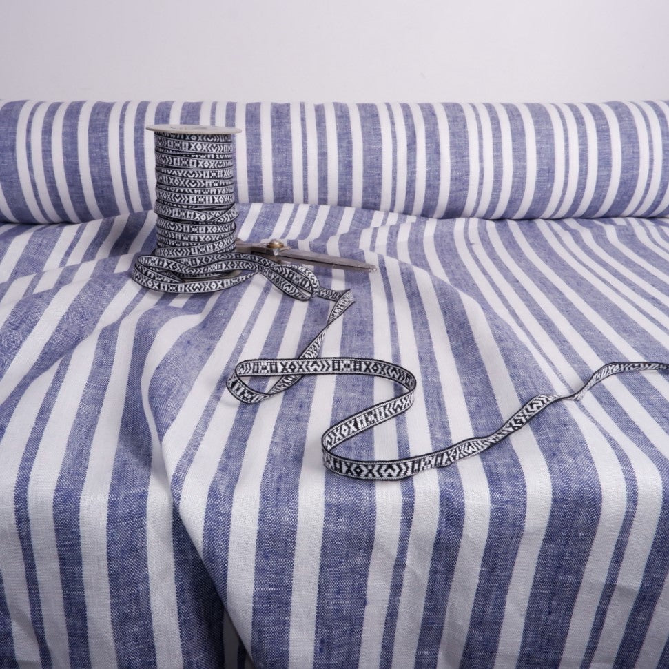 Nautical - blue and white stripes - linen fabric - T021M
