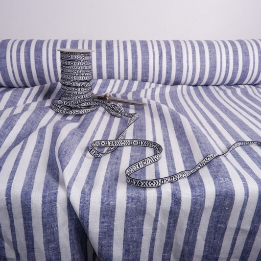 Nautical - blue and white stripes - linen fabric - T021M