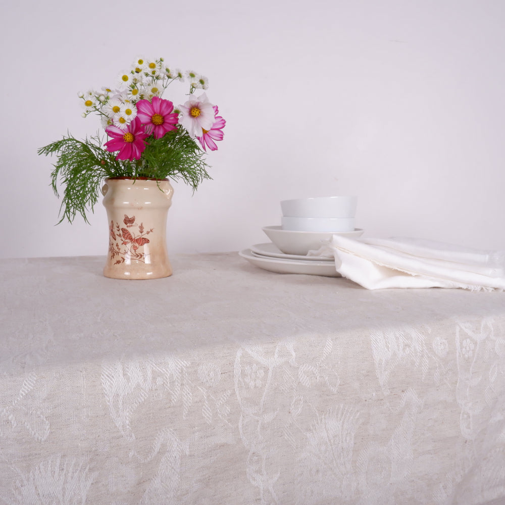 Linen tablecloth - natural  and white jacquard