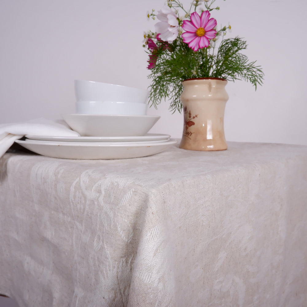 Linen tablecloth - natural  and white jacquard