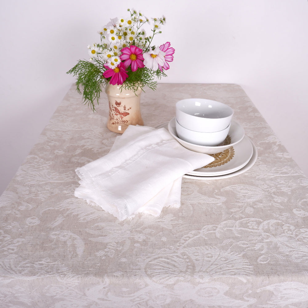 Linen tablecloth - natural  and white jacquard