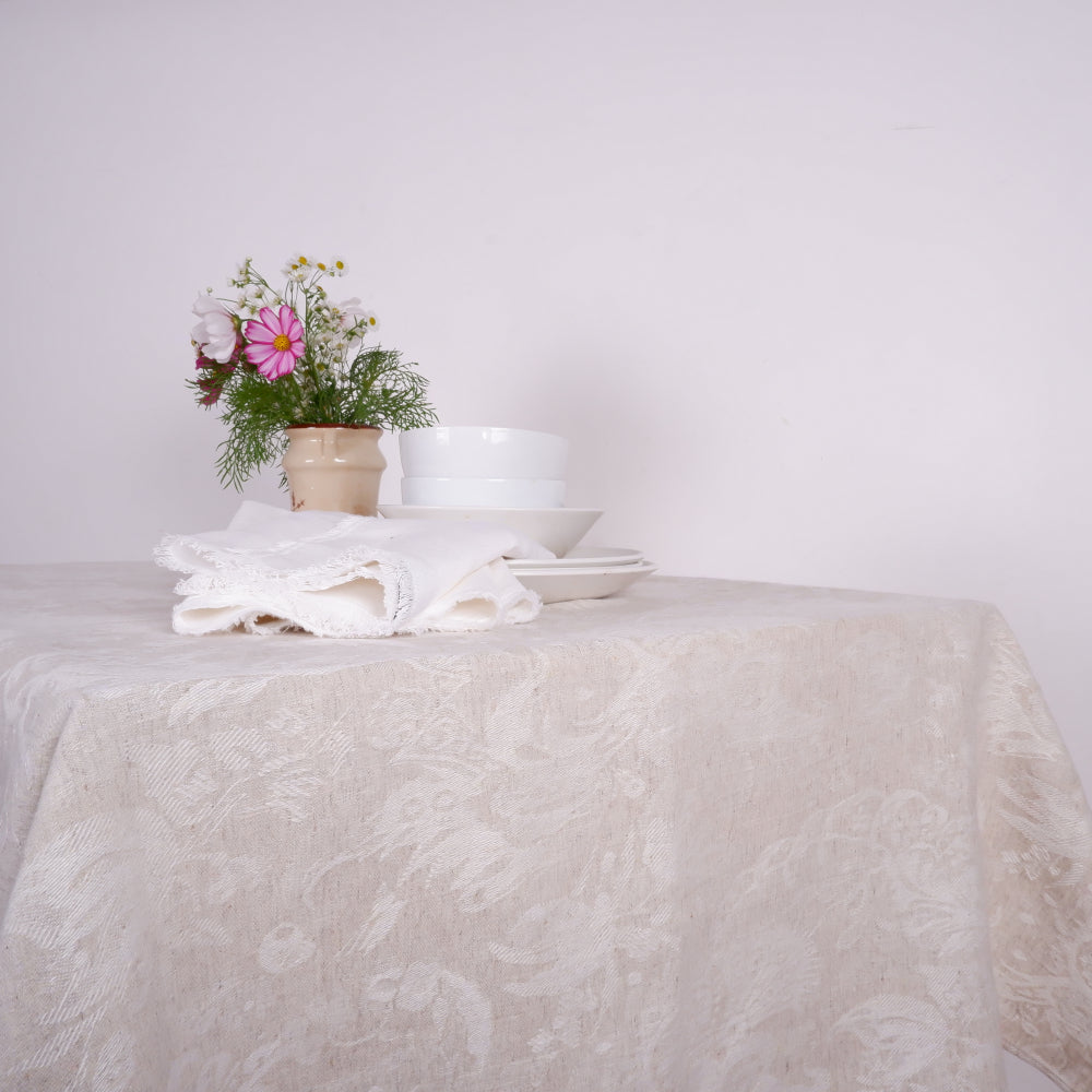 Linen tablecloth - natural  and white jacquard
