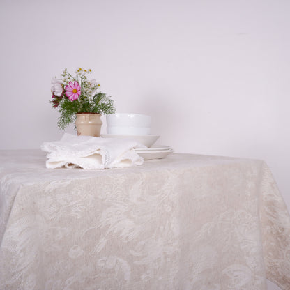 Linen tablecloth - natural  and white jacquard