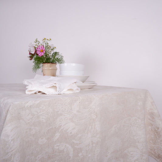 Linen tablecloth - natural  and white jacquard