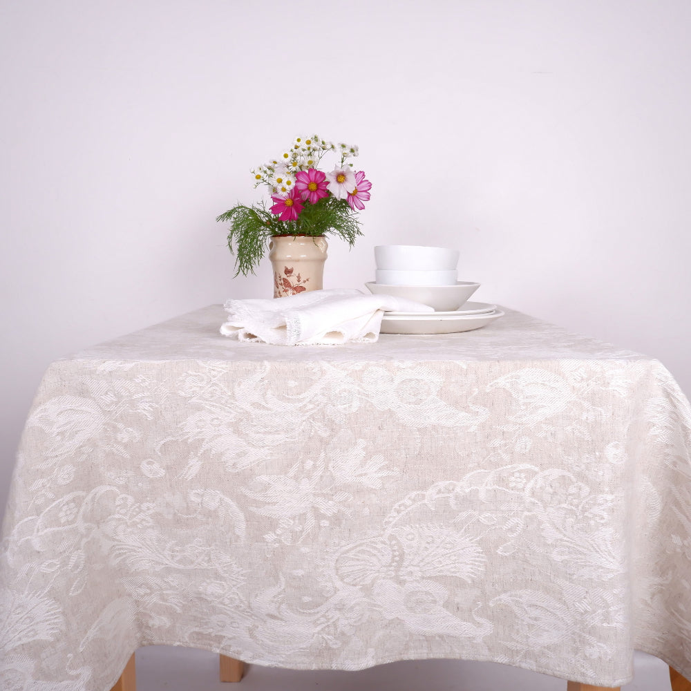 Linen tablecloth - natural  and white jacquard