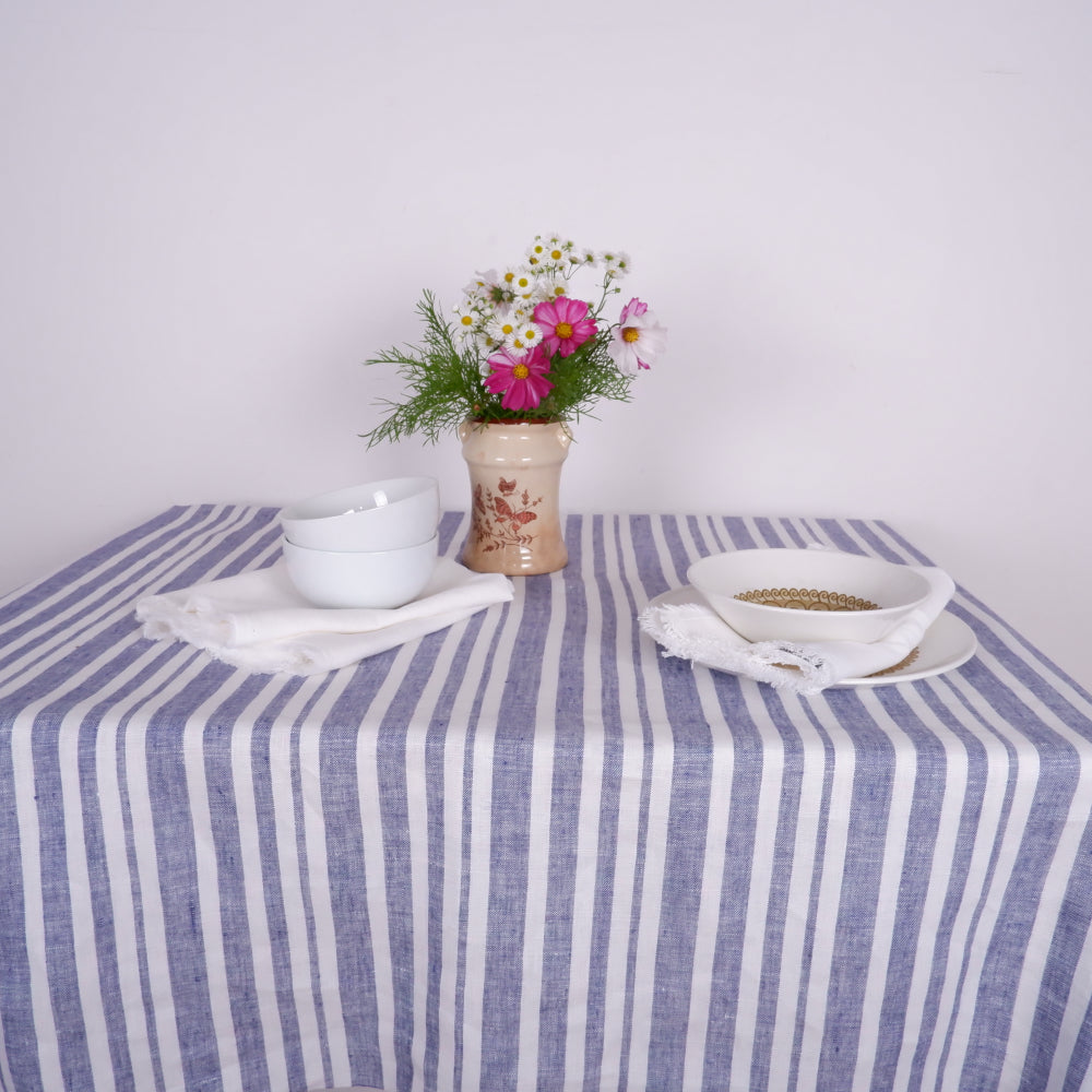 Linen tablecloth - white and blue stripes