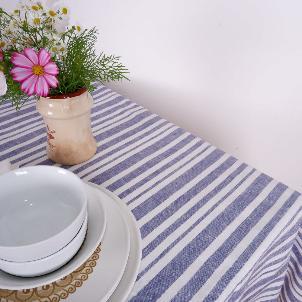 Linen tablecloth - white and blue stripes