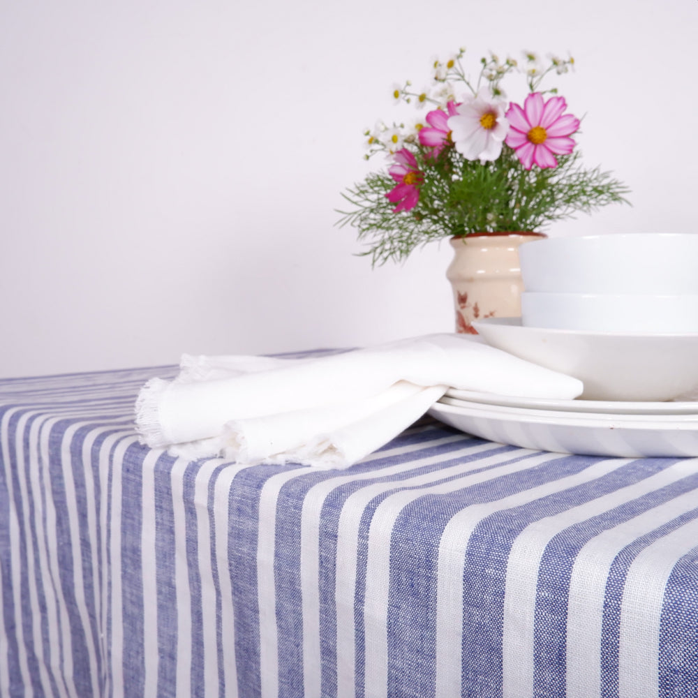 Linen tablecloth - white and blue stripes