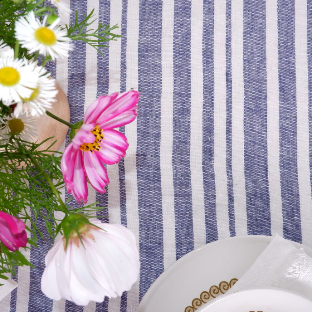 Linen tablecloth - white and blue stripes