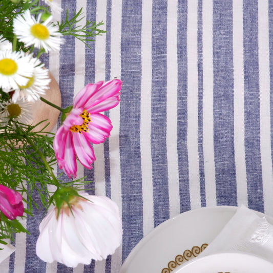 Linen tablecloth - white and blue stripes