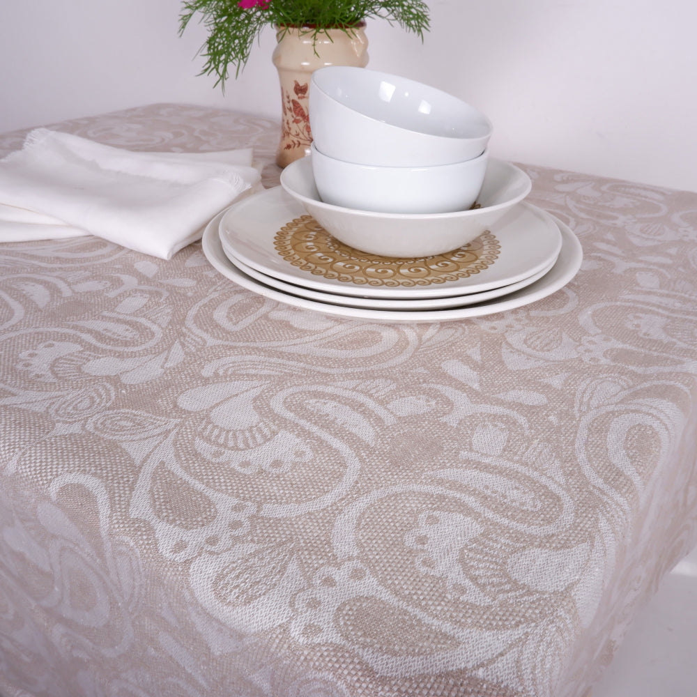 Wide linen tablecloth - natural jacquard