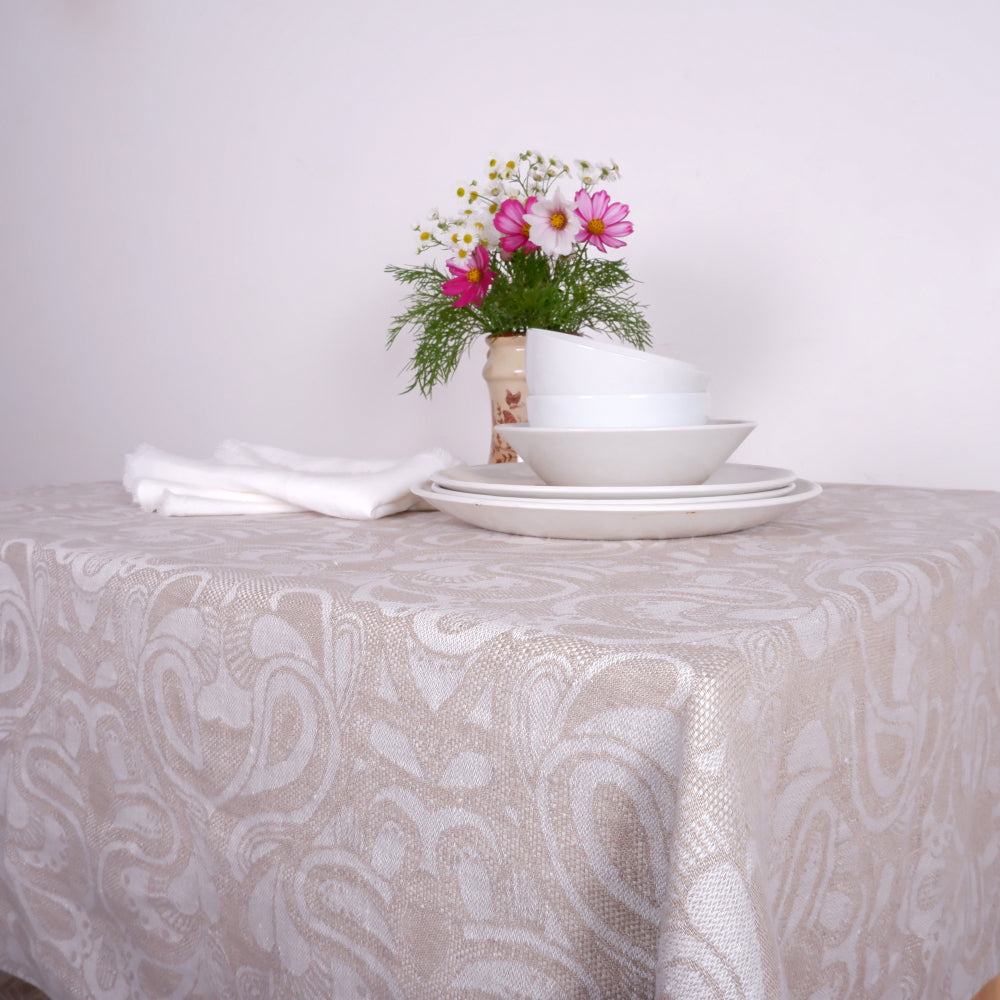 Wide linen tablecloth - natural jacquard