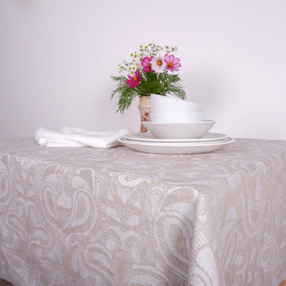 Wide linen tablecloth - natural jacquard
