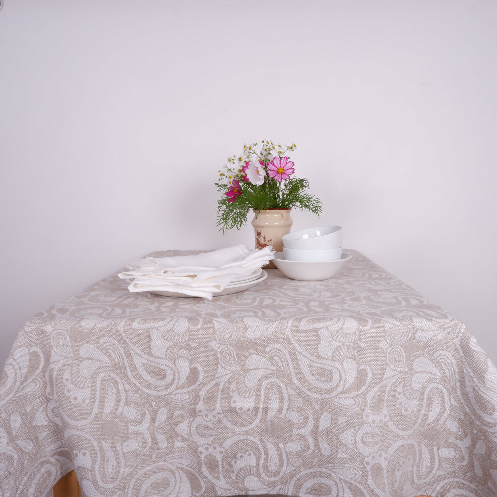 Wide linen tablecloth - natural jacquard