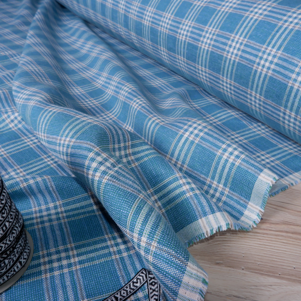 Linen fabric - Auquamarine checks - T020H