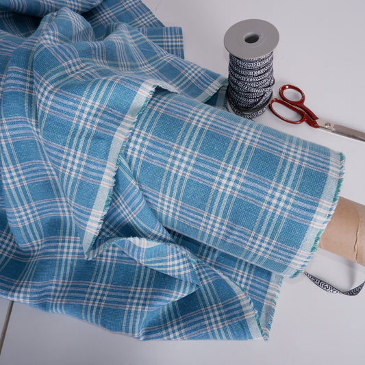 Linen fabric - Auquamarine checks - T020H