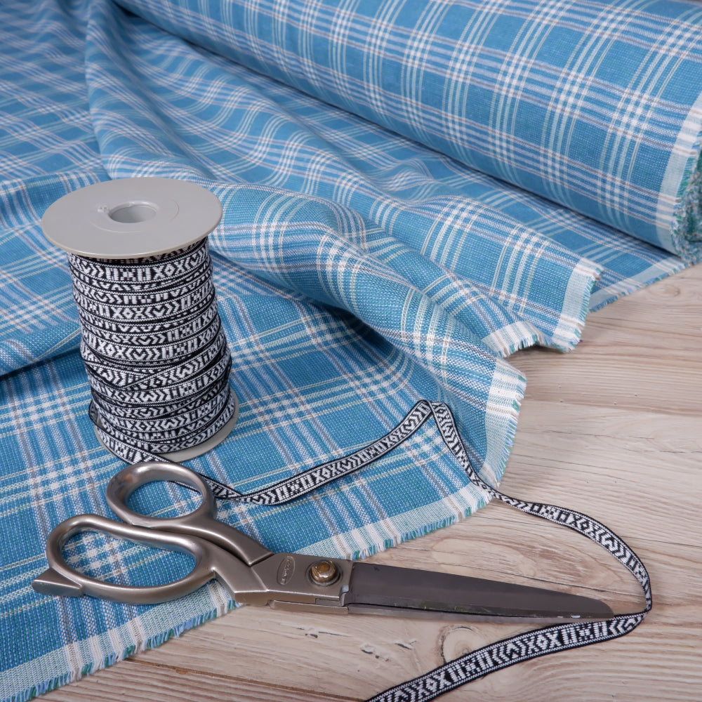 Linen fabric - Auquamarine checks - T020H