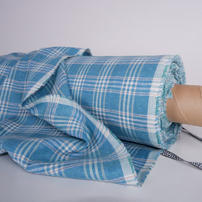 Linen fabric - Auquamarine checks - T020H