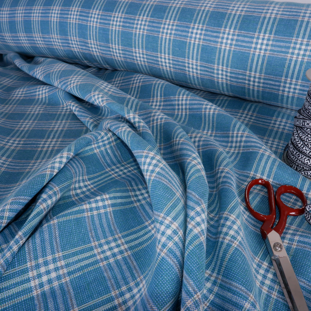 Linen fabric - Auquamarine checks - T020H