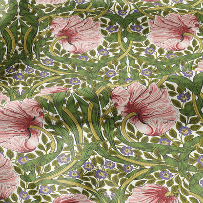 100% LINEN fabric - William Morris Pimpernel green pink - British Victorian Art Craft flax - sewing home decor or clothing 3847
